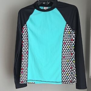 Circo Girls Long Sleeve Swim Top - Aqua, Black & Neon Triangle Accents